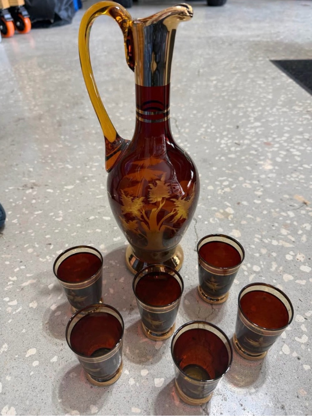 1950’s Bohemian Amber Glass & Gold Decanter  & Cordial Cups Set